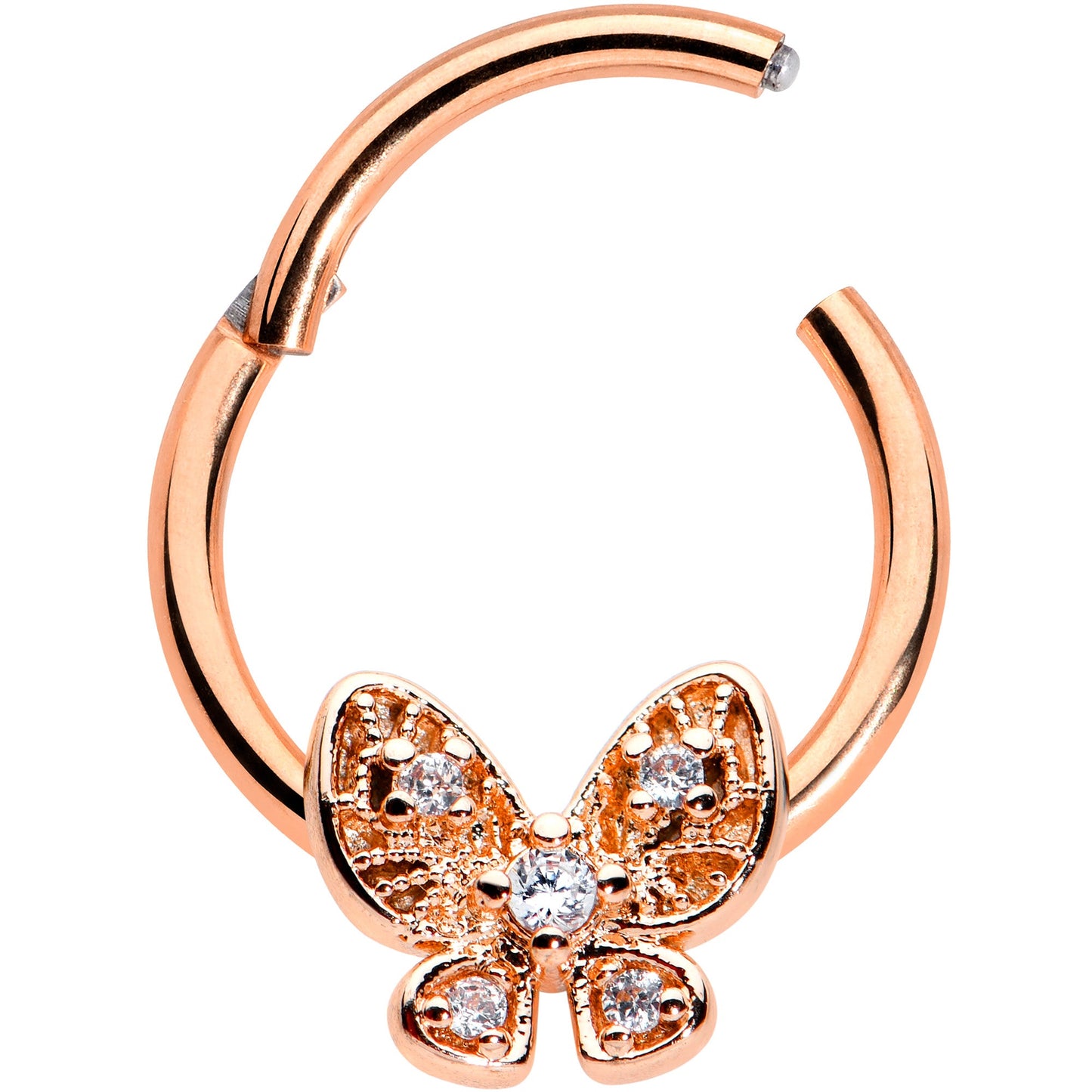 16G 3/8 Clear Gem Rose Gold Hue Airy Butterfly Hinged Segment Ring