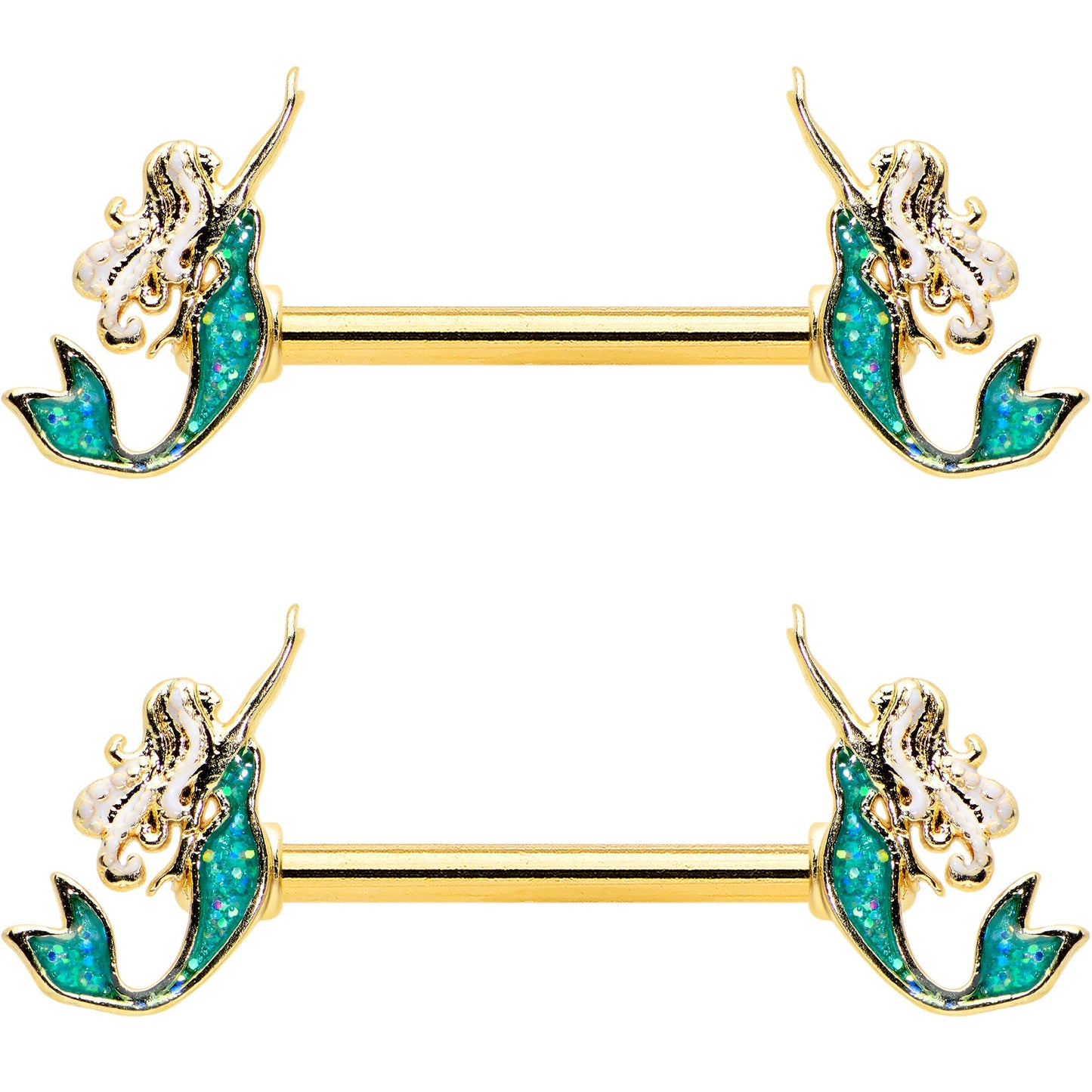 14G 9/16 Green Faux Opal Gold Tone Curvy Mermaid Nipple Ring Set