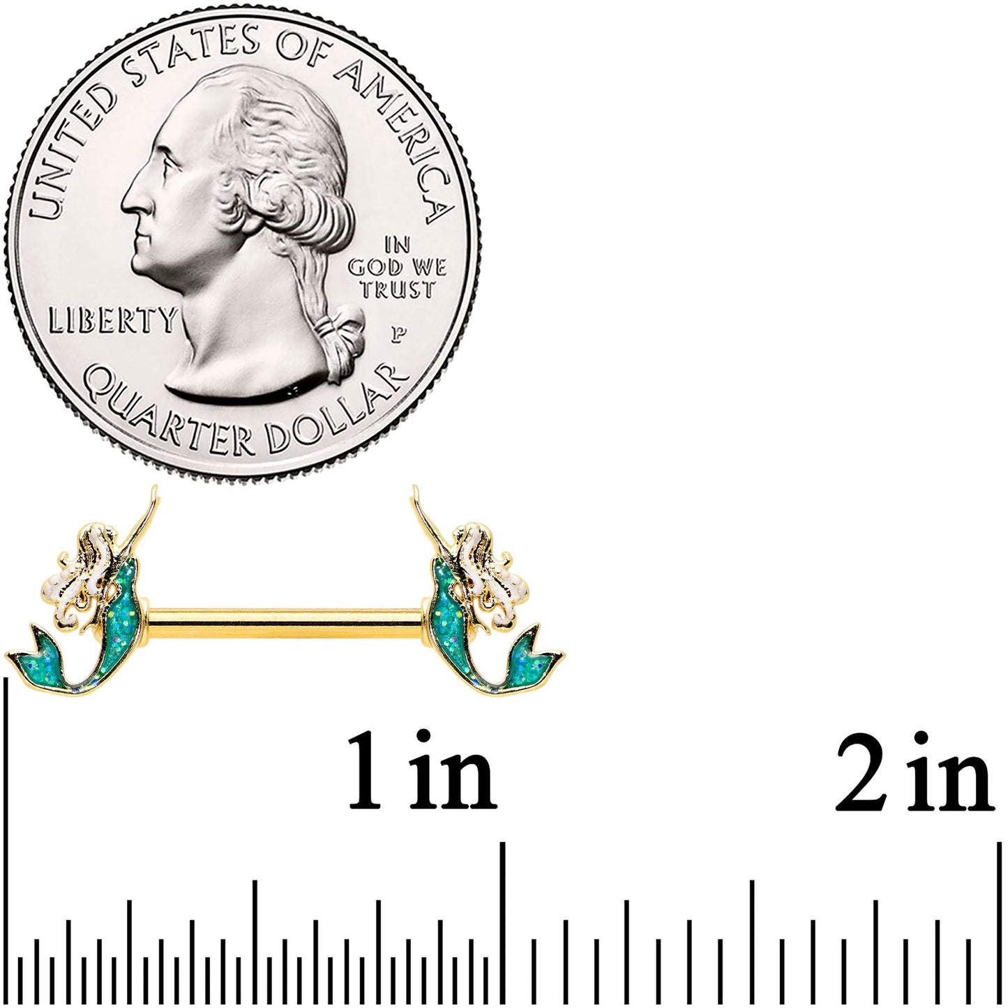 14G 9/16 Green Faux Opal Gold Tone Curvy Mermaid Nipple Ring Set