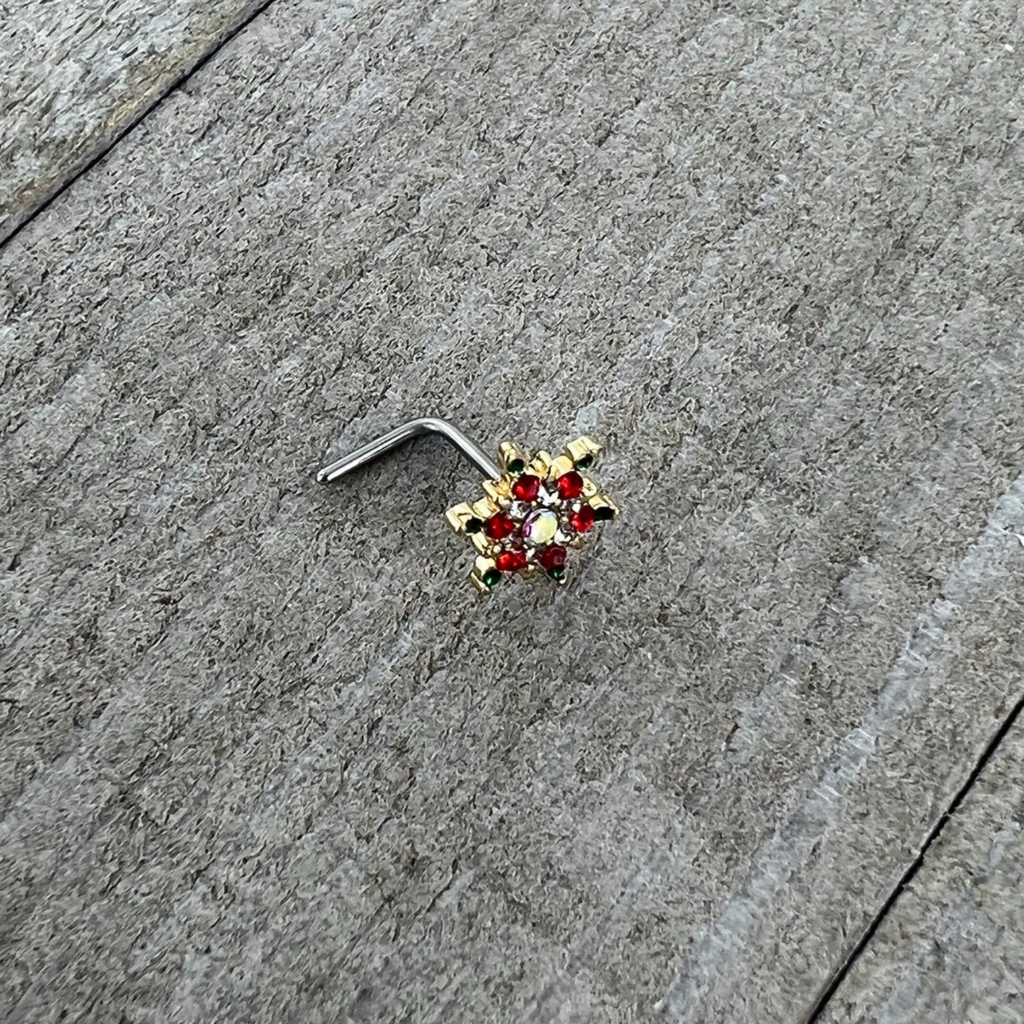 20G 7mm Aurora Gem Gold Tone Christmas Star L Shape Nose Ring