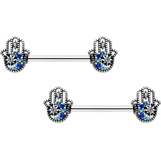 14G 9/16 Clear Blue Gem Textured Hamsa Hand Nipple Ring Set