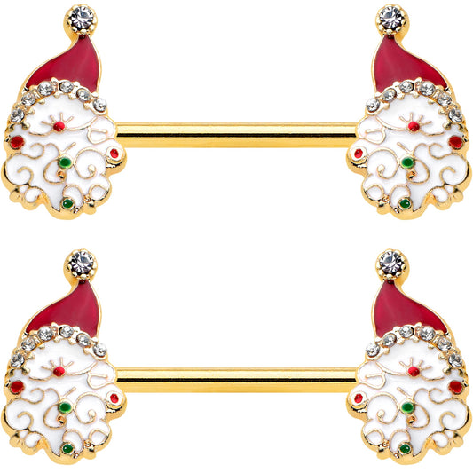 14G 1/2 Clear Gem Gold Tone Decorated Santa Barbell Nipple Ring Set
