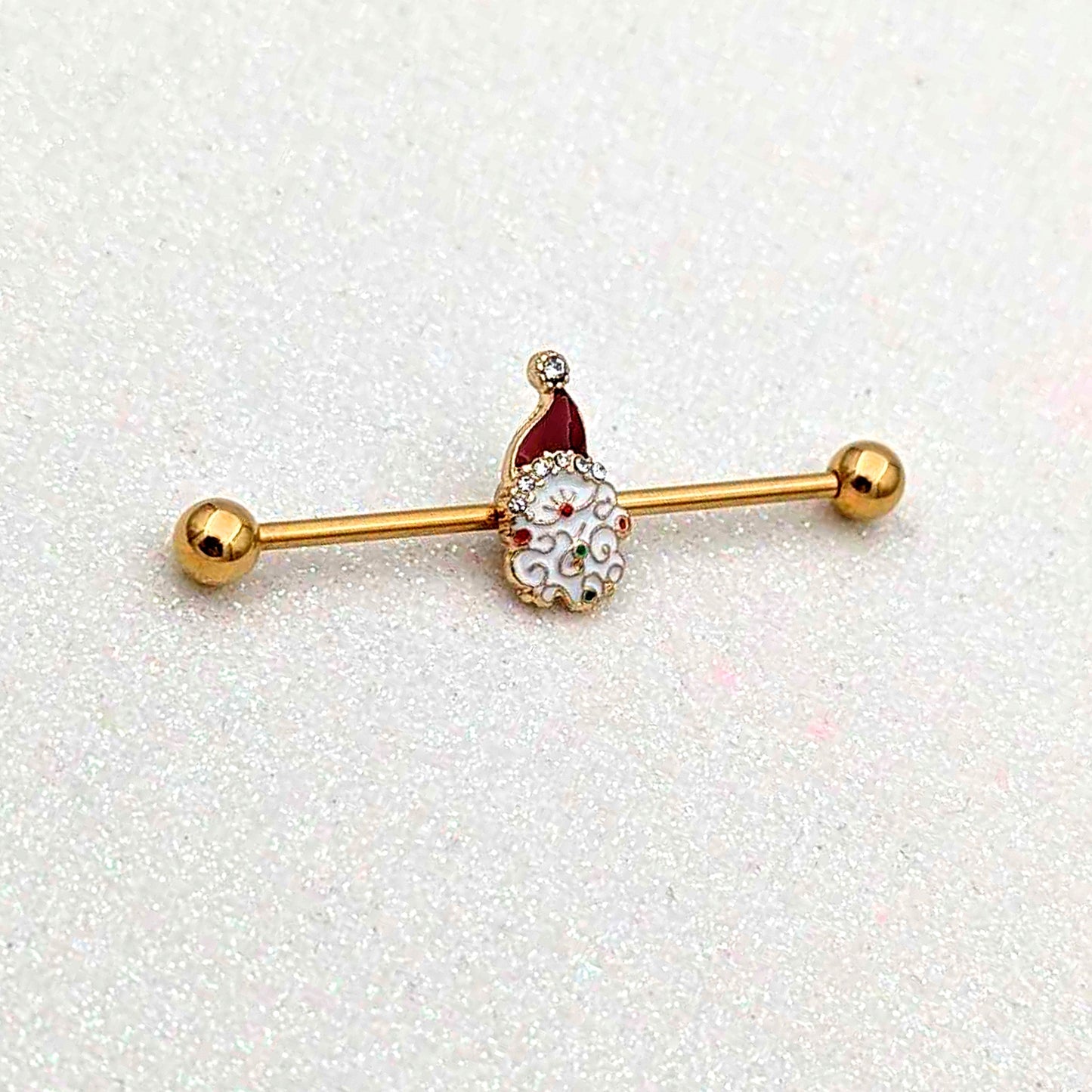 14G Clear Gem Gold Tone Decorated Santa Holiday Industrial Barbell 38mm
