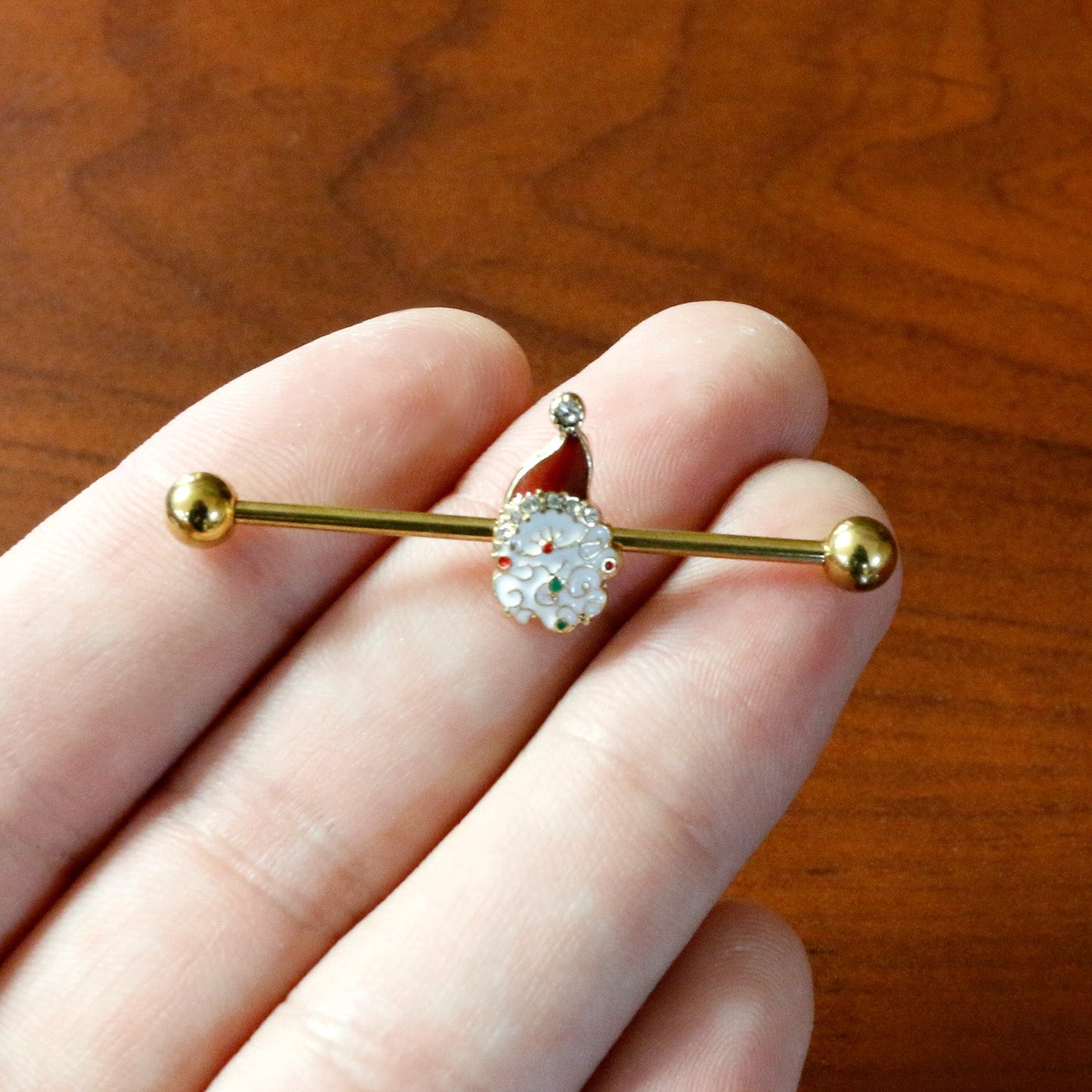 14G Clear Gem Gold Tone Decorated Santa Holiday Industrial Barbell 38mm