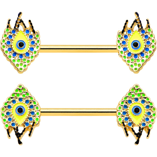 14G 9/16 Gold Tone Bold Peacock Feather Barbell Nipple Ring Set