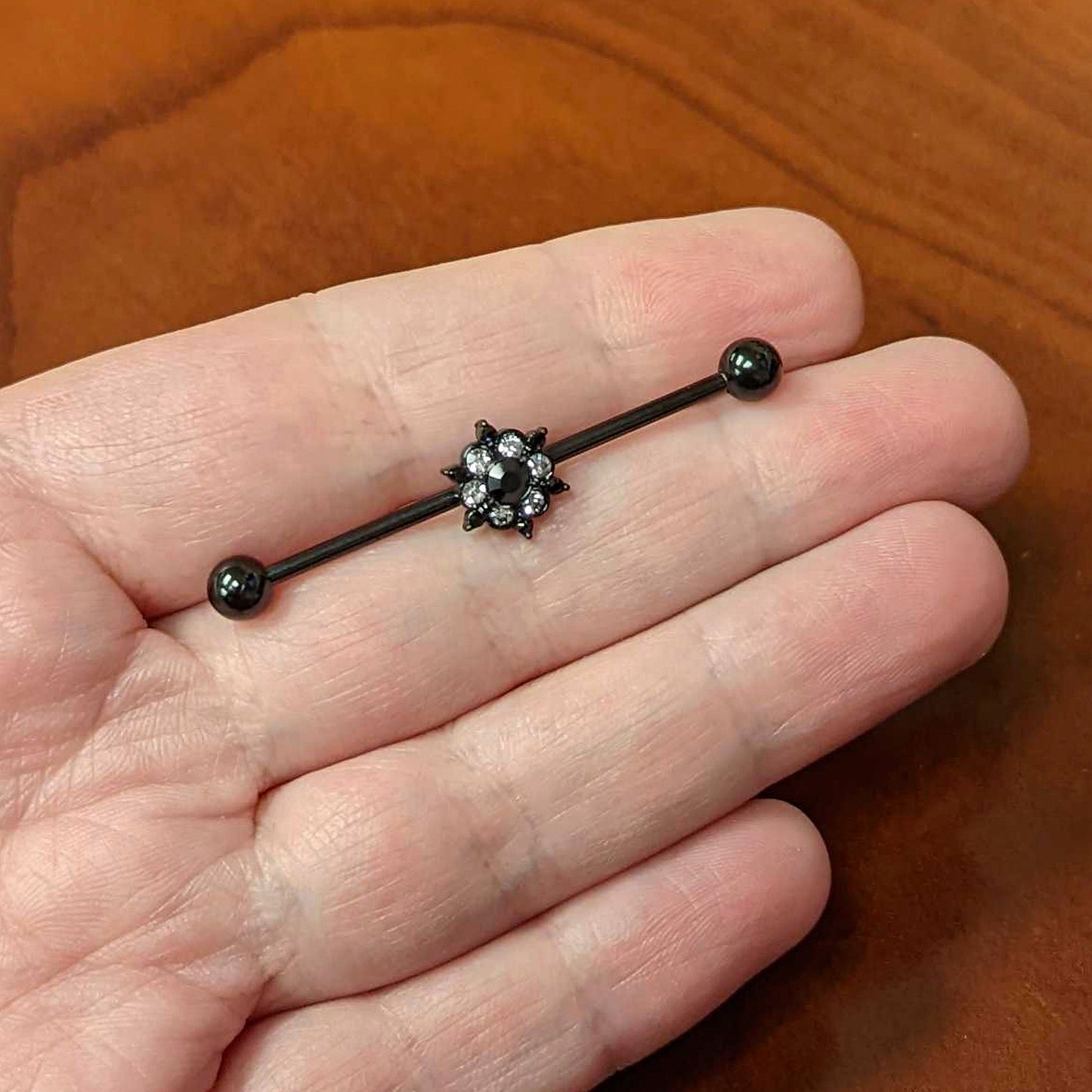 14G Clear CZ Gem Black Abstract Sun Industrial Barbell 38mm
