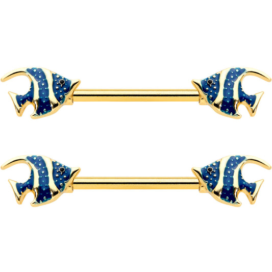 14G 9/16 Gold Tone Blue Stripe Adorable Angelfish Nipple Ring Set