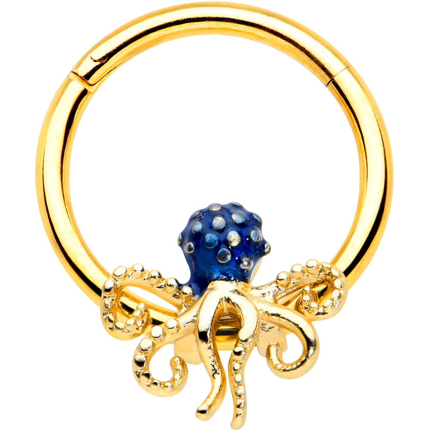 16G 3/8 Gold Tone Textured Blue Octopus Hinged Segment Ring