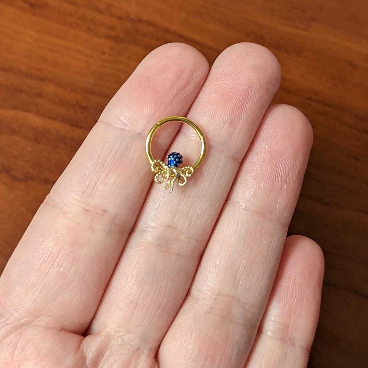 16G 3/8 Gold Tone Textured Blue Octopus Hinged Segment Ring