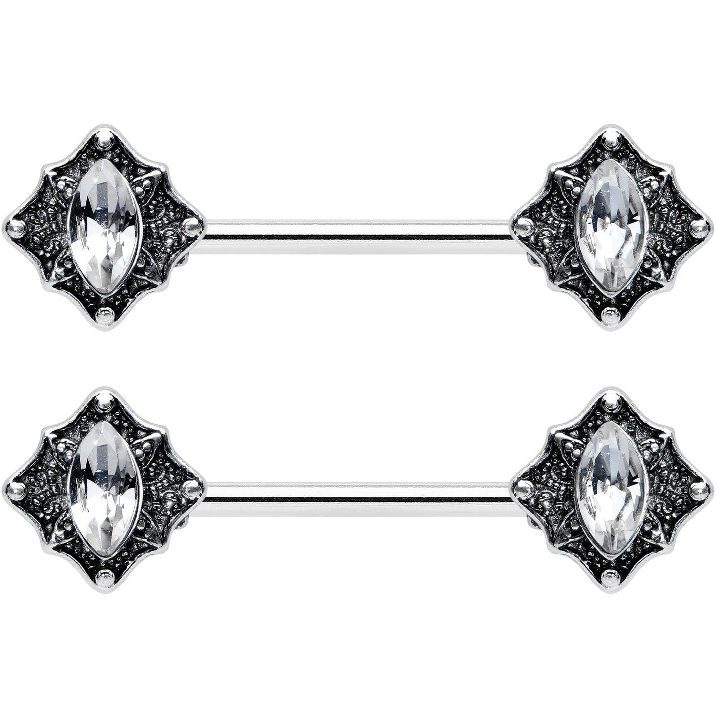 14G 9/16 Clear Gem Rhombus Retro Barbell Nipple Ring Set
