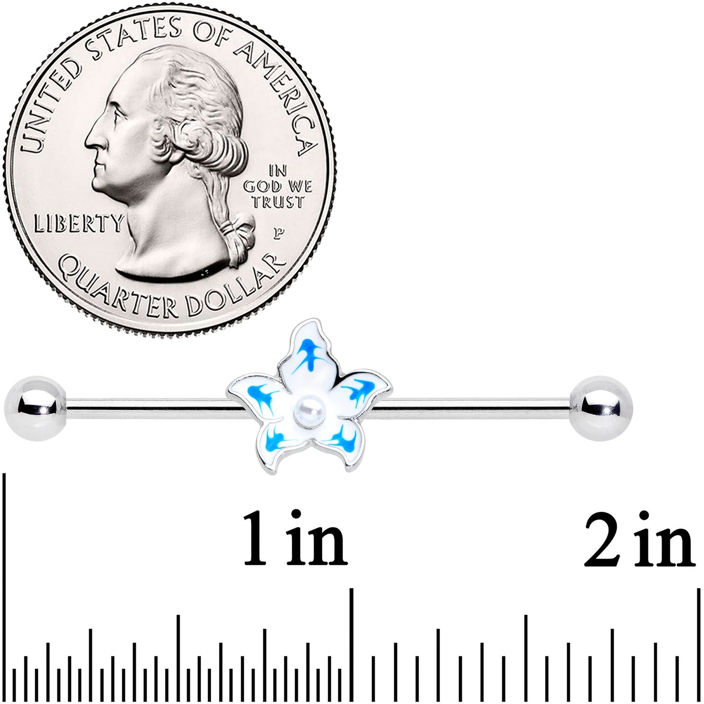 14G Pearly White Orb Blue Flower Industrial Barbell 38mm