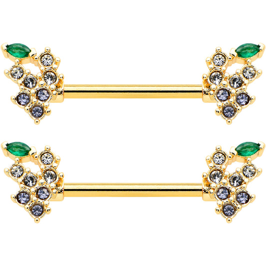 14G 9/16 Clear CZ Gem Gold Tone Bunch Grapes Nipple Ring Set
