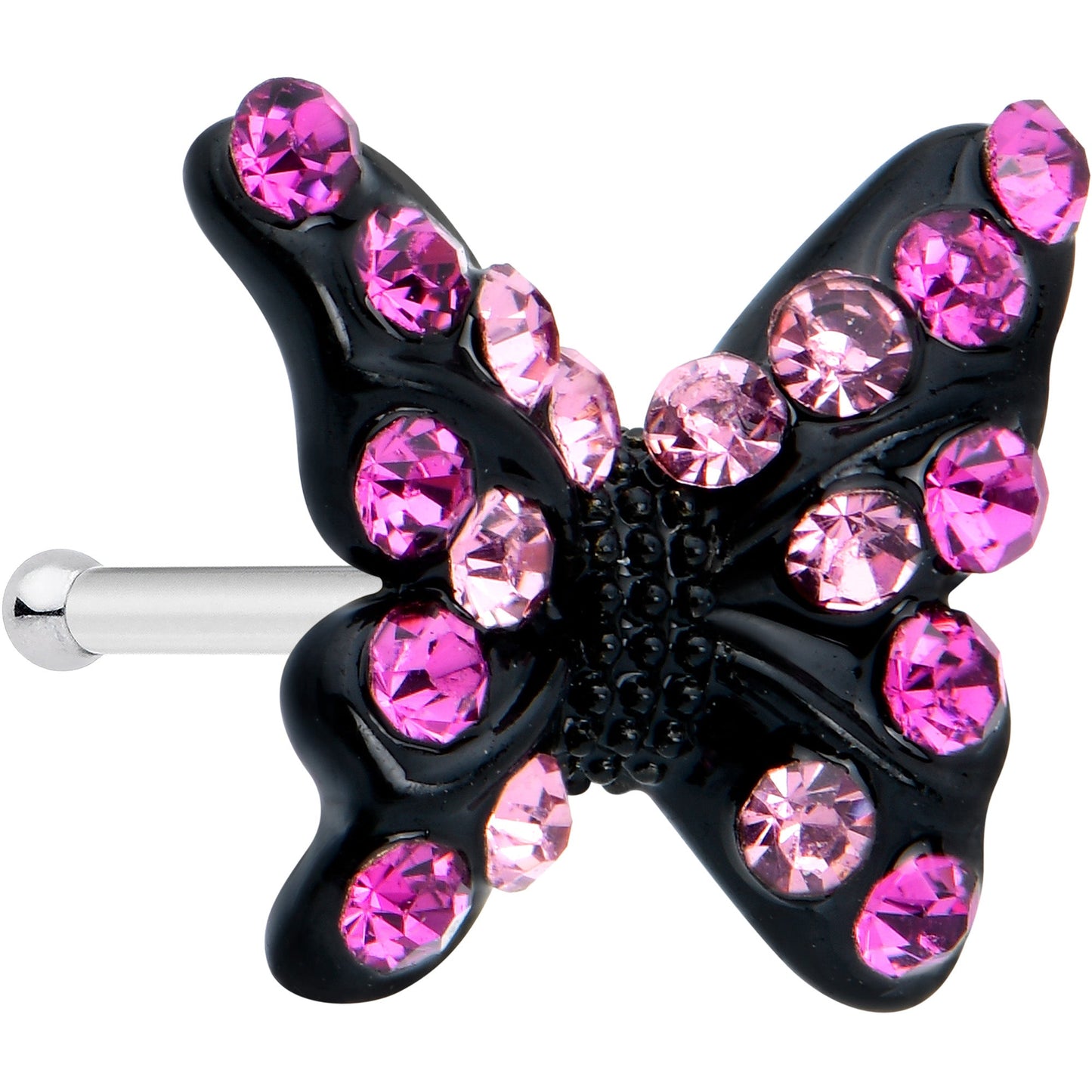 20G 1/4 Pink Gem Midnight Black Butterfly Nose Bone