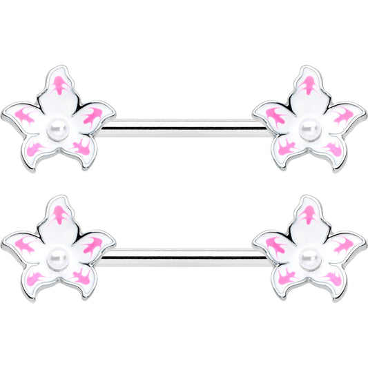 14G 9/16 Pearlescent Orb Pink White Flower Barbell Nipple Ring Set