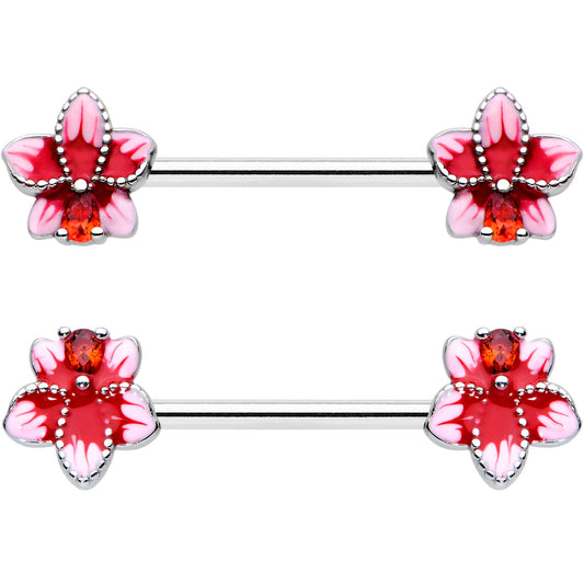 14G 9/16 Red Gem Tropical Flower Barbell Nipple Ring Set
