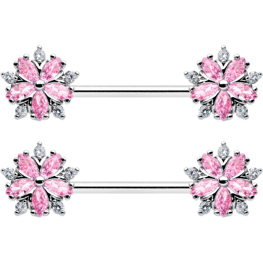 14G 9/16 Pink CZ Gem Floral Burst Barbell Nipple Ring Set