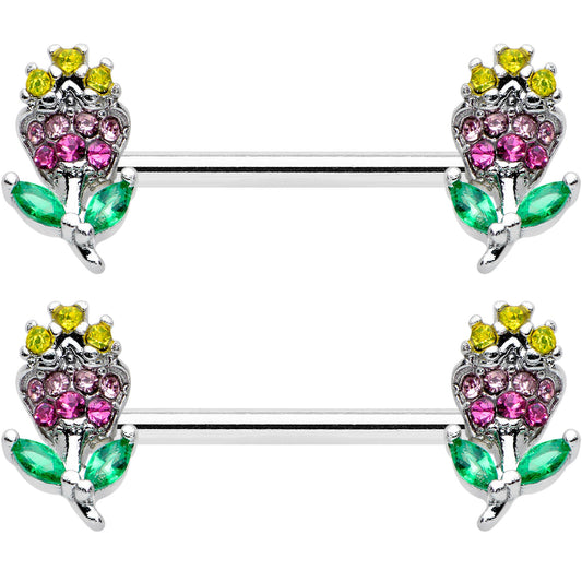 14G 9/16 Green Pink Gem Mardi Gras Flower Barbell Nipple Ring Set