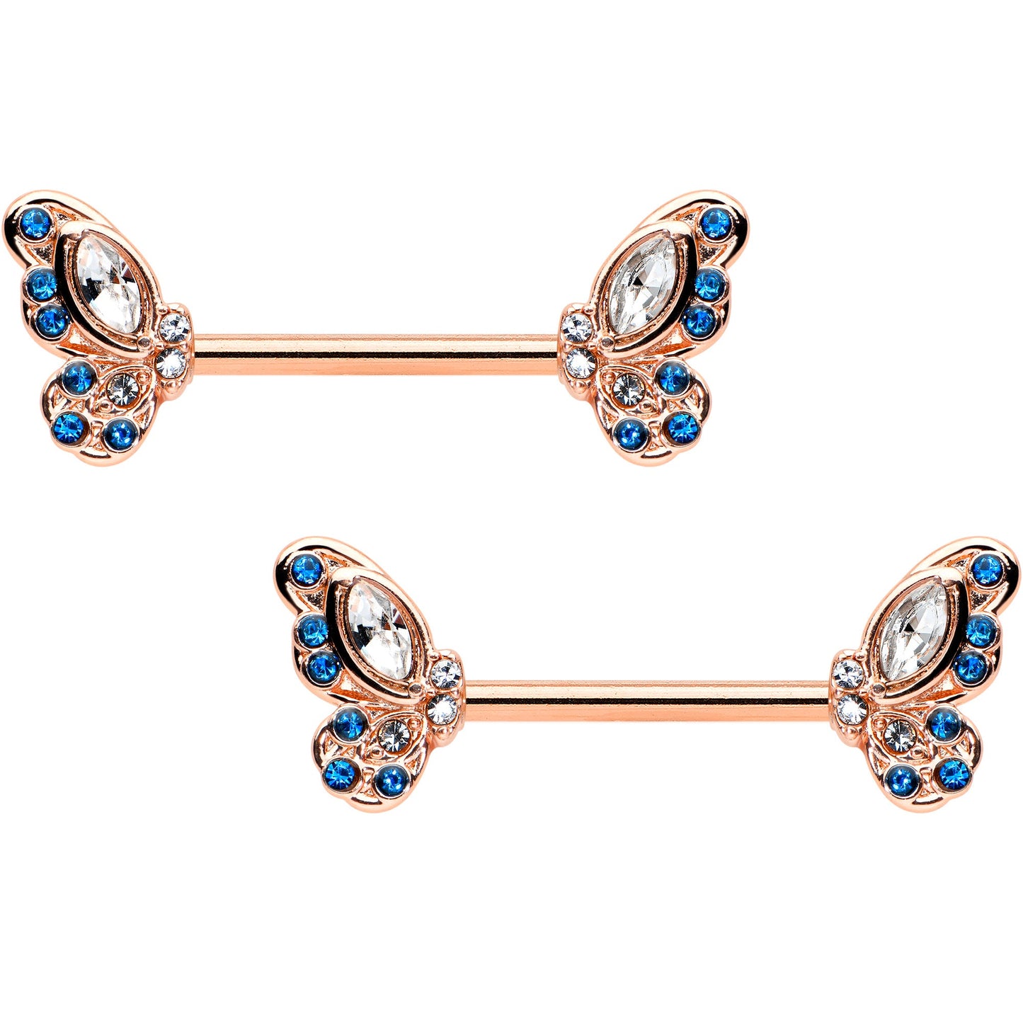 14G 9/16 Clear Blue Gem Rosy Tone Butterfly Wing Nipple Ring Set