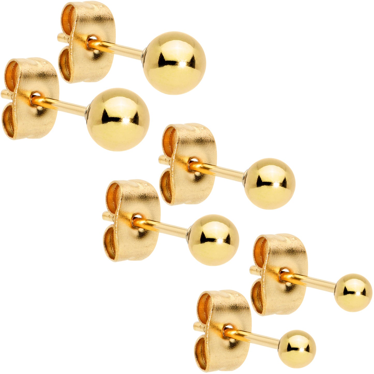 3mm 4mm 5mm Ball Gold Tone 316L Stainless Steel Stud Earrings 3 Pack