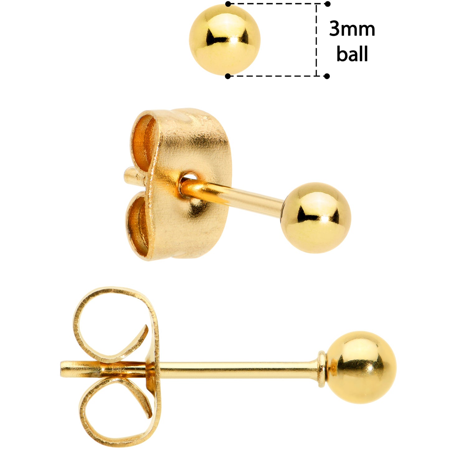 3mm 4mm 5mm Ball Gold Tone 316L Stainless Steel Stud Earrings 3 Pack
