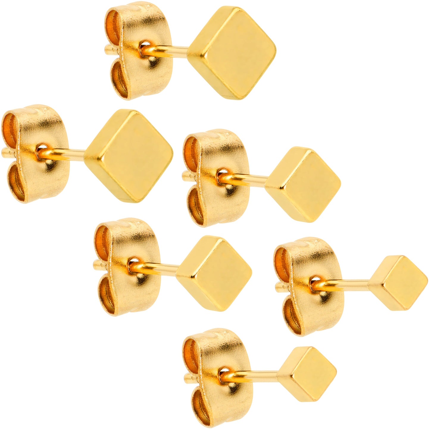 3mm 4mm 5mm Square Gold Tone 316L Stainless Steel Stud Earrings 3 Pack
