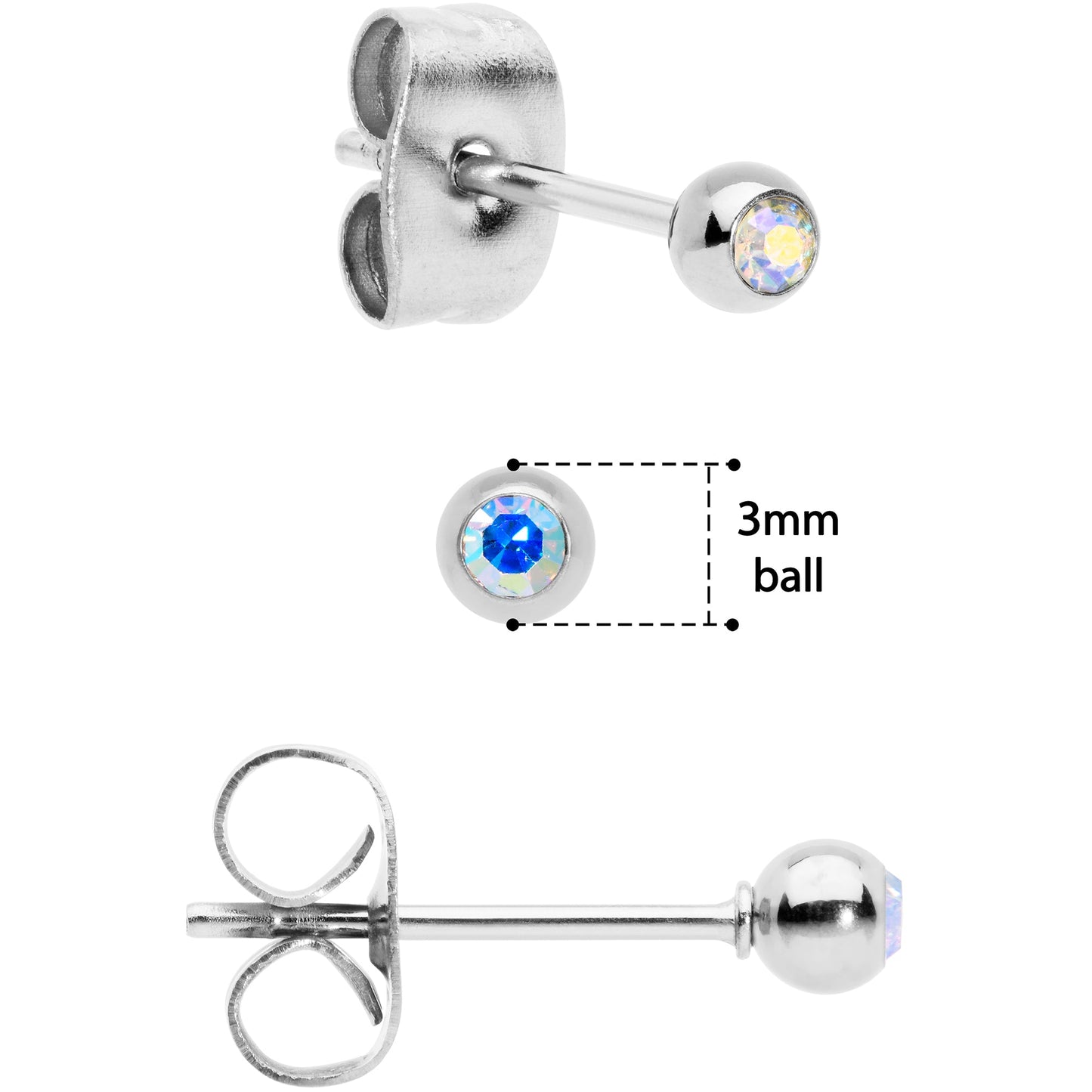 3mm 4mm 5mm Aurora Gem Ball 316L Stainless Steel Stud Earrings 3 Pack