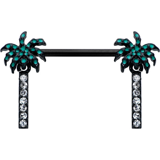 14G 9/16 Clear Gem Black Night Palm Tree Dangle Nipple Ring Set
