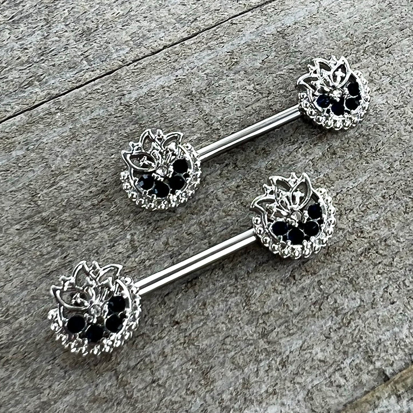 14G 1/2 Blue Clear Gem Abstract Arch Barbell Nipple Ring Set