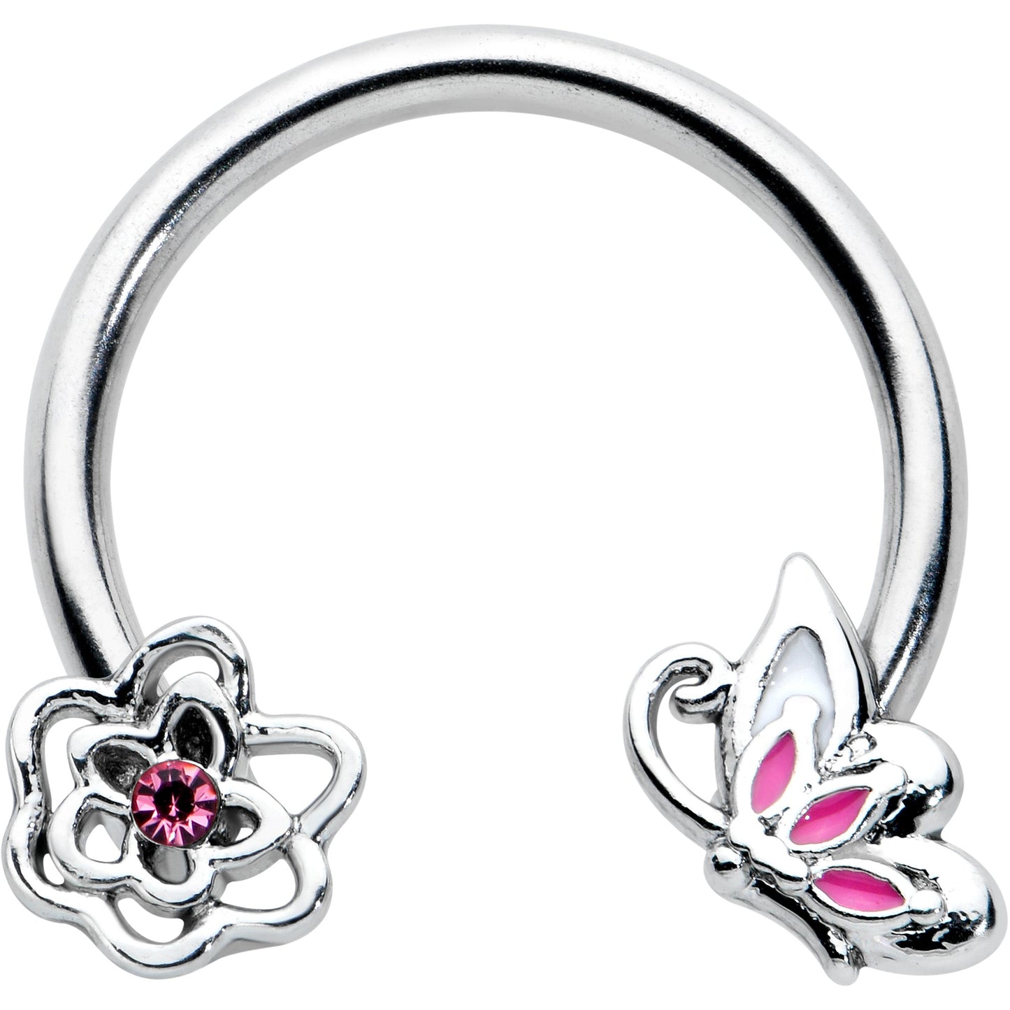 16G 3/8 Pink Butterfly Pink Gem Flower Horseshoe Circular Barbell