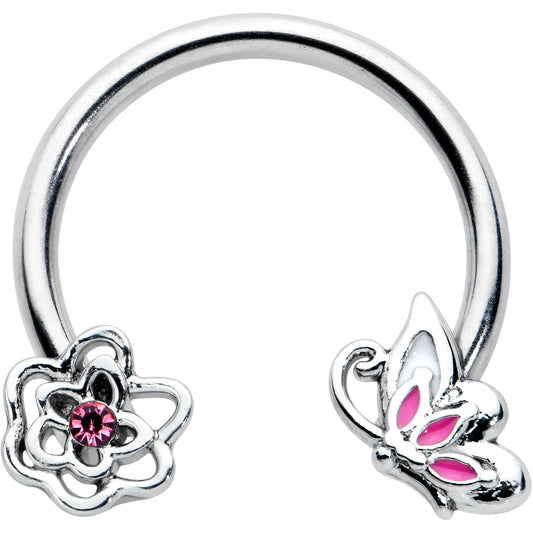 16G 3/8 Pink Butterfly Pink Gem Flower Horseshoe Circular Barbell