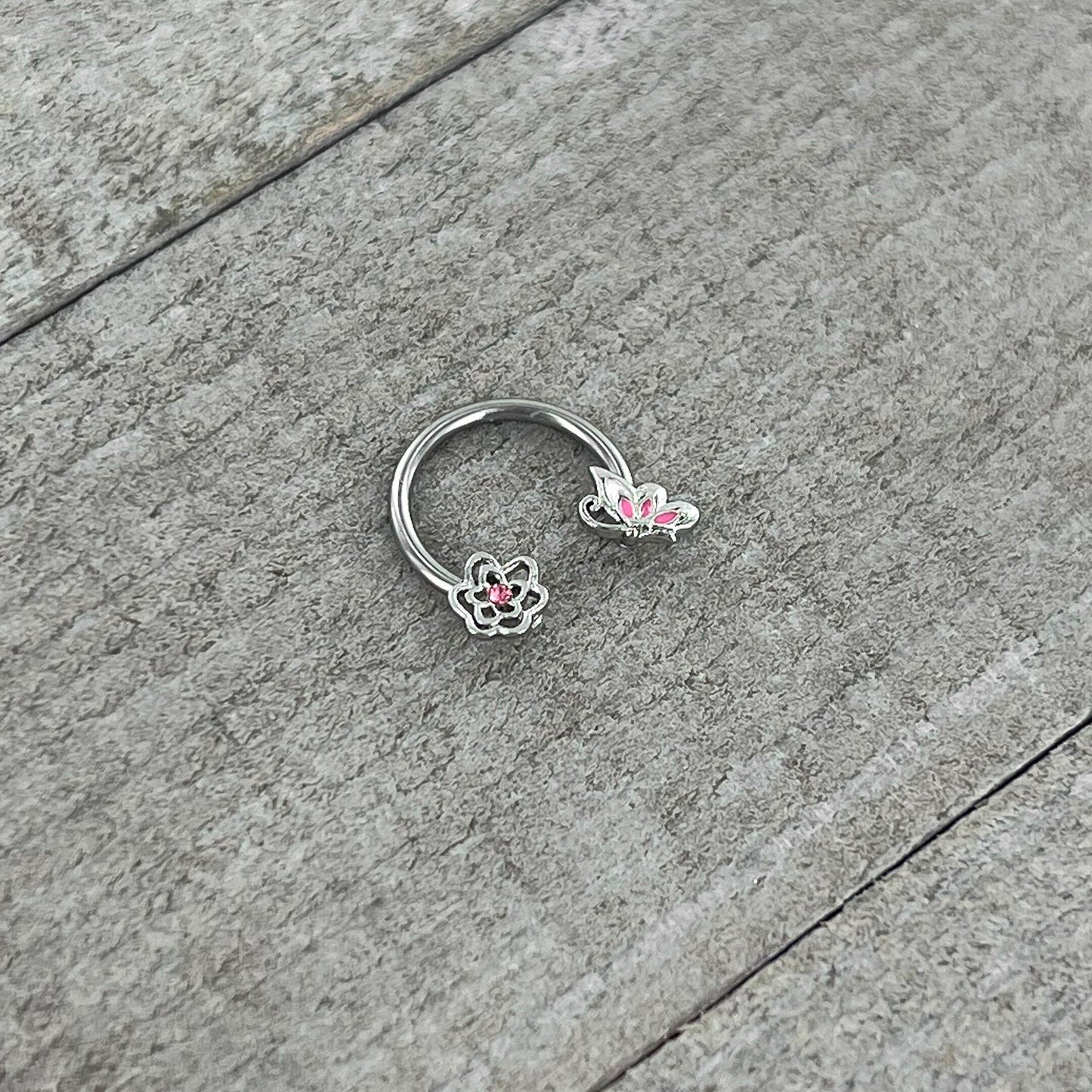 16G 3/8 Pink Butterfly Pink Gem Flower Horseshoe Circular Barbell