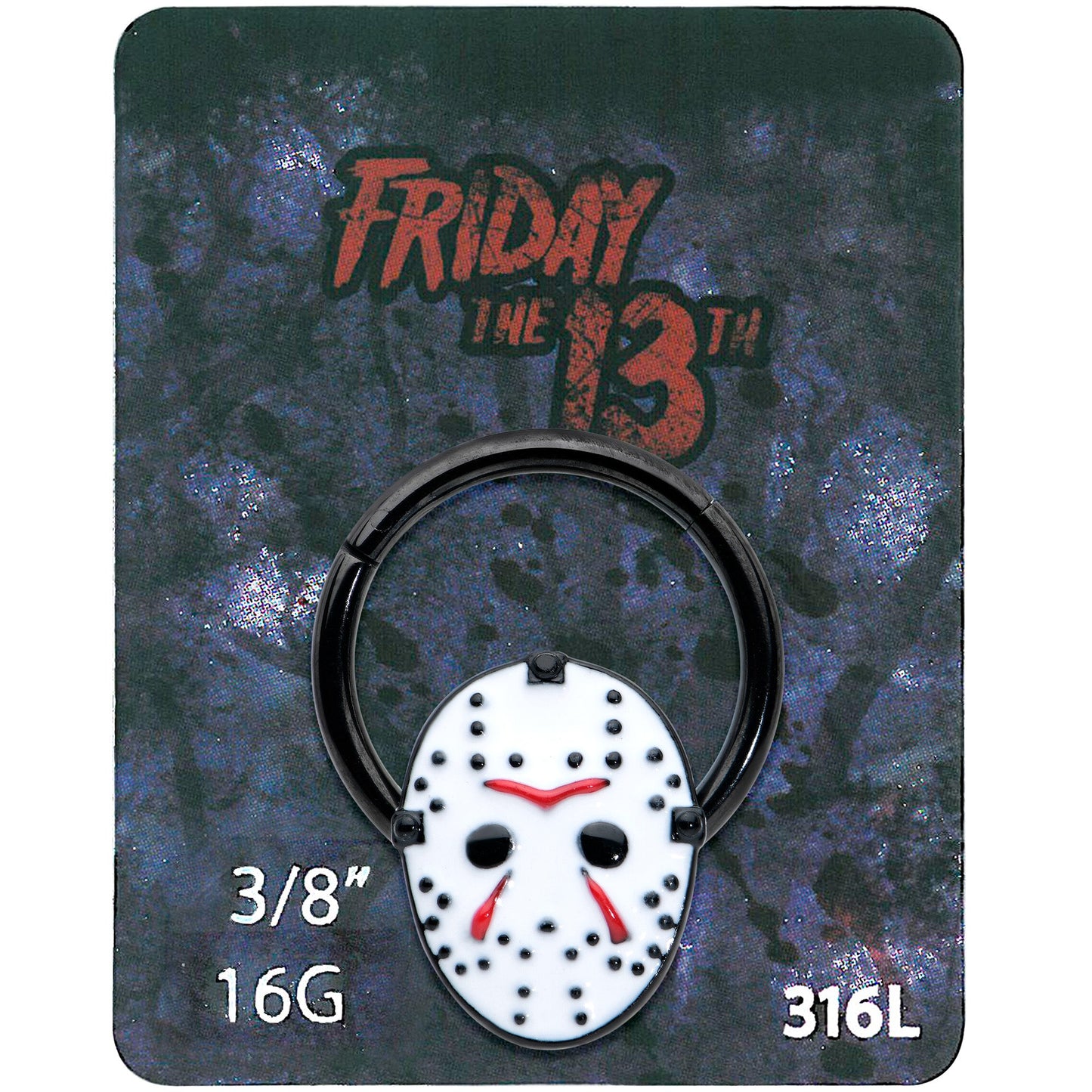 16G 3/8 Black Licensed Friday the 13th Mask Hinged Segment Ring