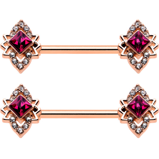 14G 9/16 Red Gem Rosy Tone Octogram Star Barbell Nipple Ring Set