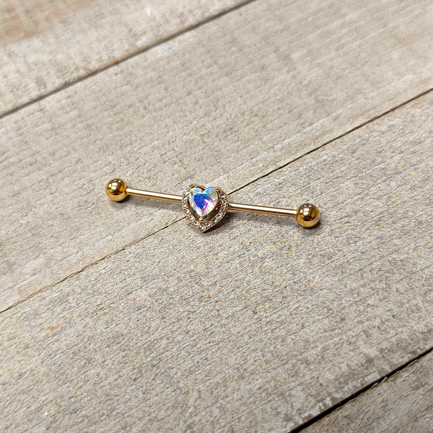 14G Aurora Gem Gold Hue Rococo Heart Industrial Barbell 38mm