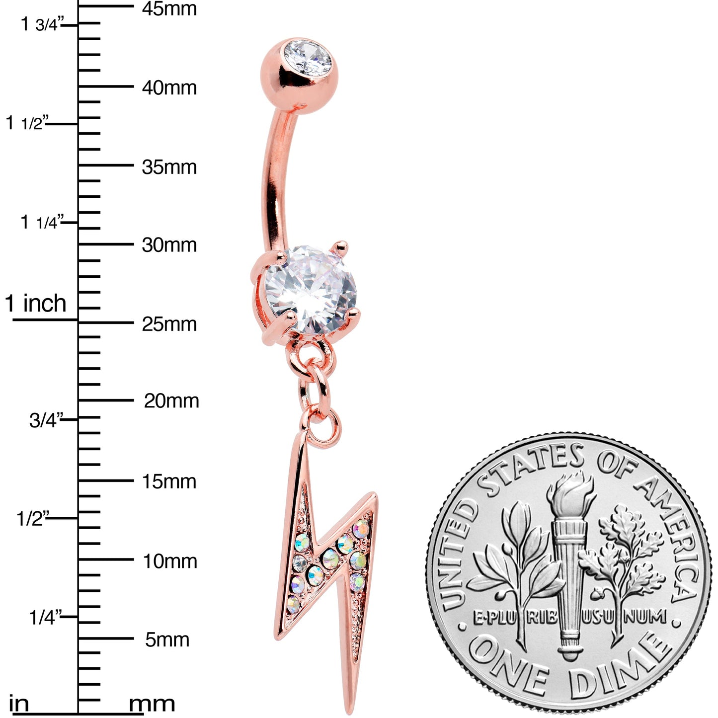 Aurora CZ Gem Rose Gold Tone Lightning Strike Dangle Belly Ring