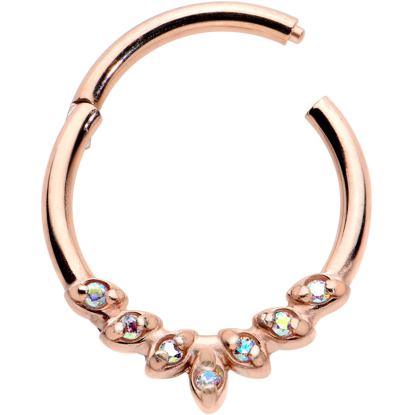 16G 3/8 Aurora CZ Gem Rose Gold Hue Seven Leaf Hinged Segment Ring