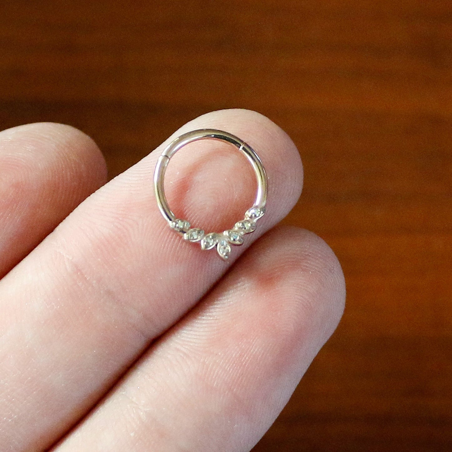 16G 3/8 Aurora CZ Gem Rose Gold Hue Seven Leaf Hinged Segment Ring