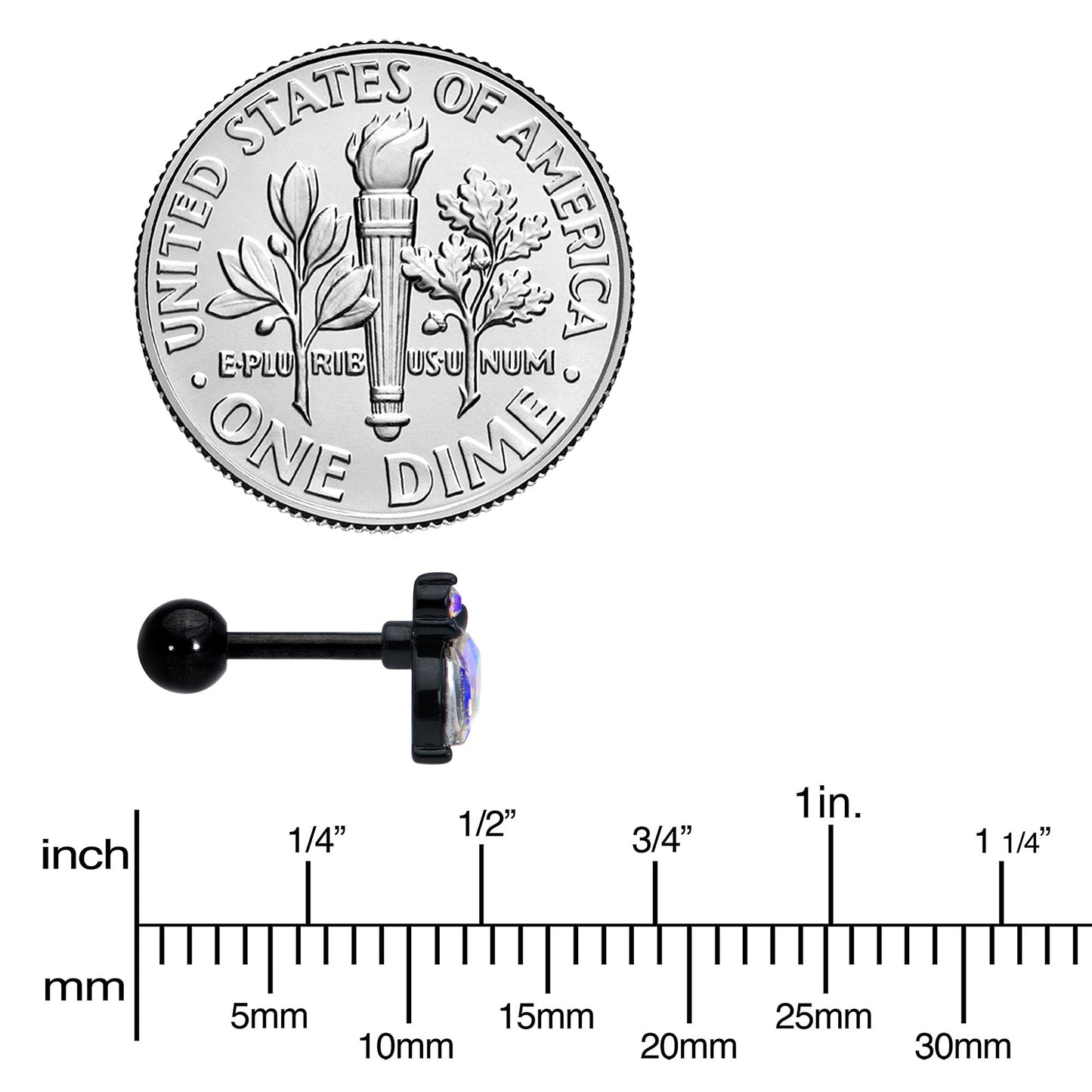 16G 1/4 Aurora CZ Gem Black Fleur de Lis Butterfly Cartilage Tragus Earring