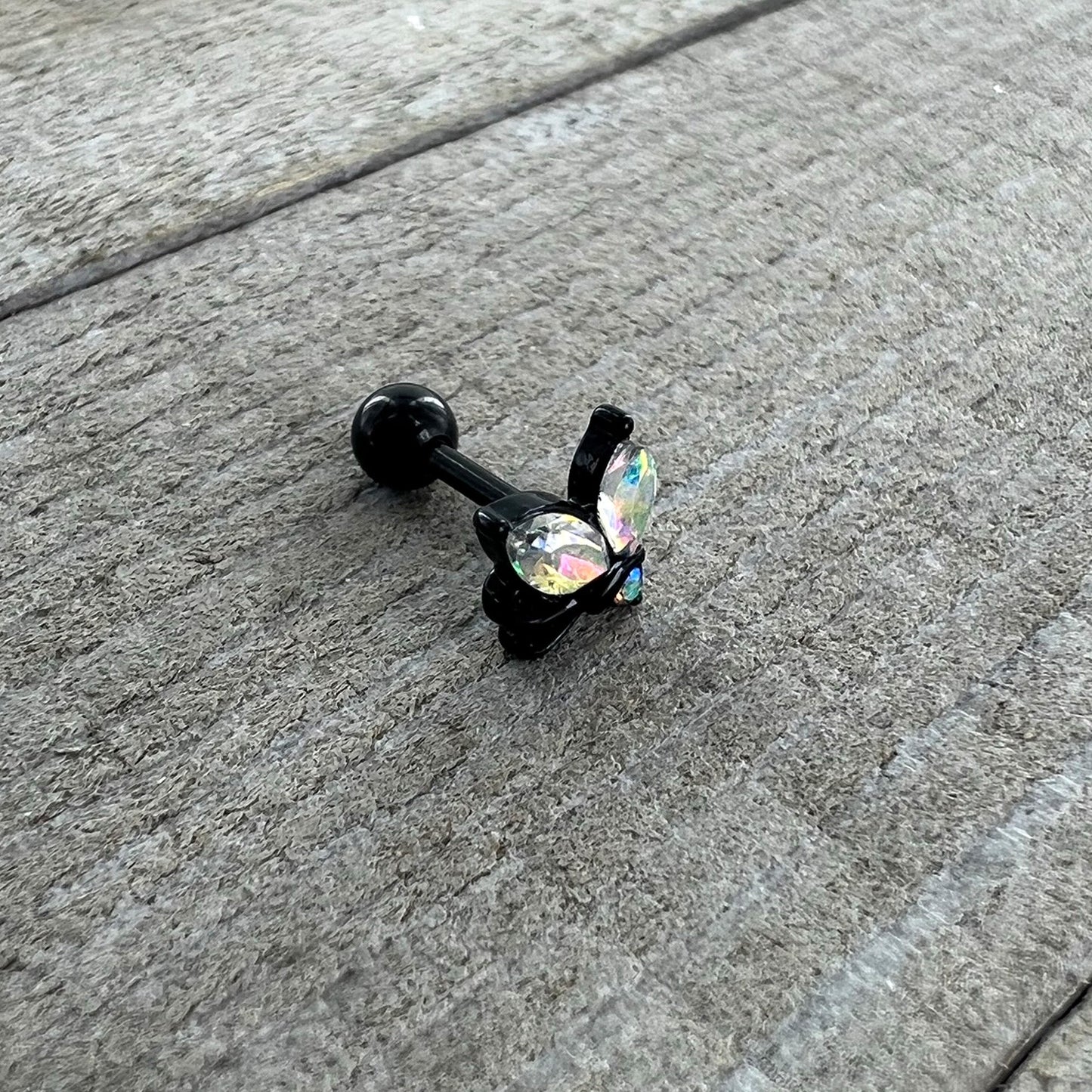 16G 1/4 Aurora CZ Gem Black Fleur de Lis Butterfly Cartilage Tragus Earring