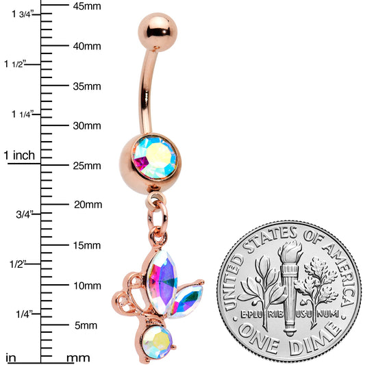 Aurora Gem Rose Gold Tone Fleur de Lis Butterfly Dangle Belly Ring