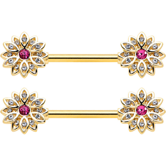 14G 9/16 Clear Pink Gem Gold Tone Starry Flower Nipple Ring Set