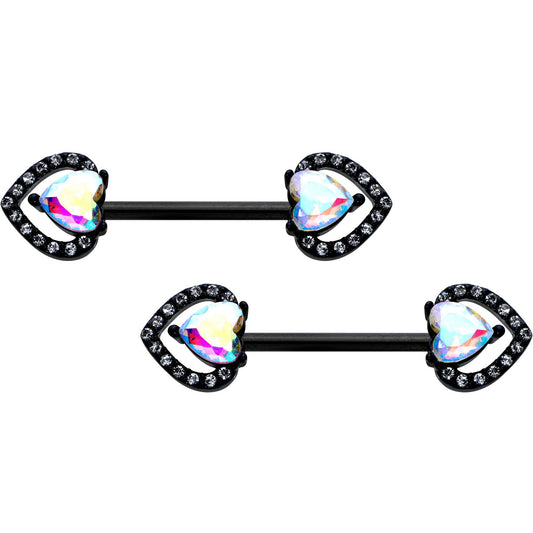 14 G 9/16 Aurora Gem Black Rococo Heart Barbell Nipple Ring Set