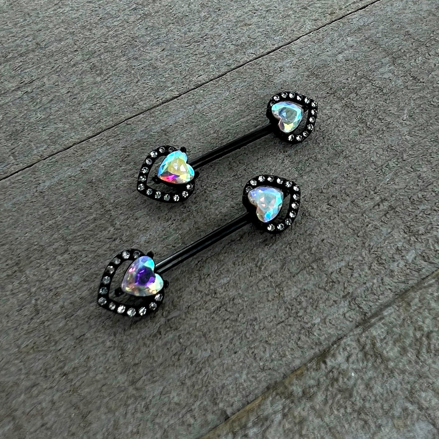 14 G 9/16 Aurora Gem Black Rococo Heart Barbell Nipple Ring Set
