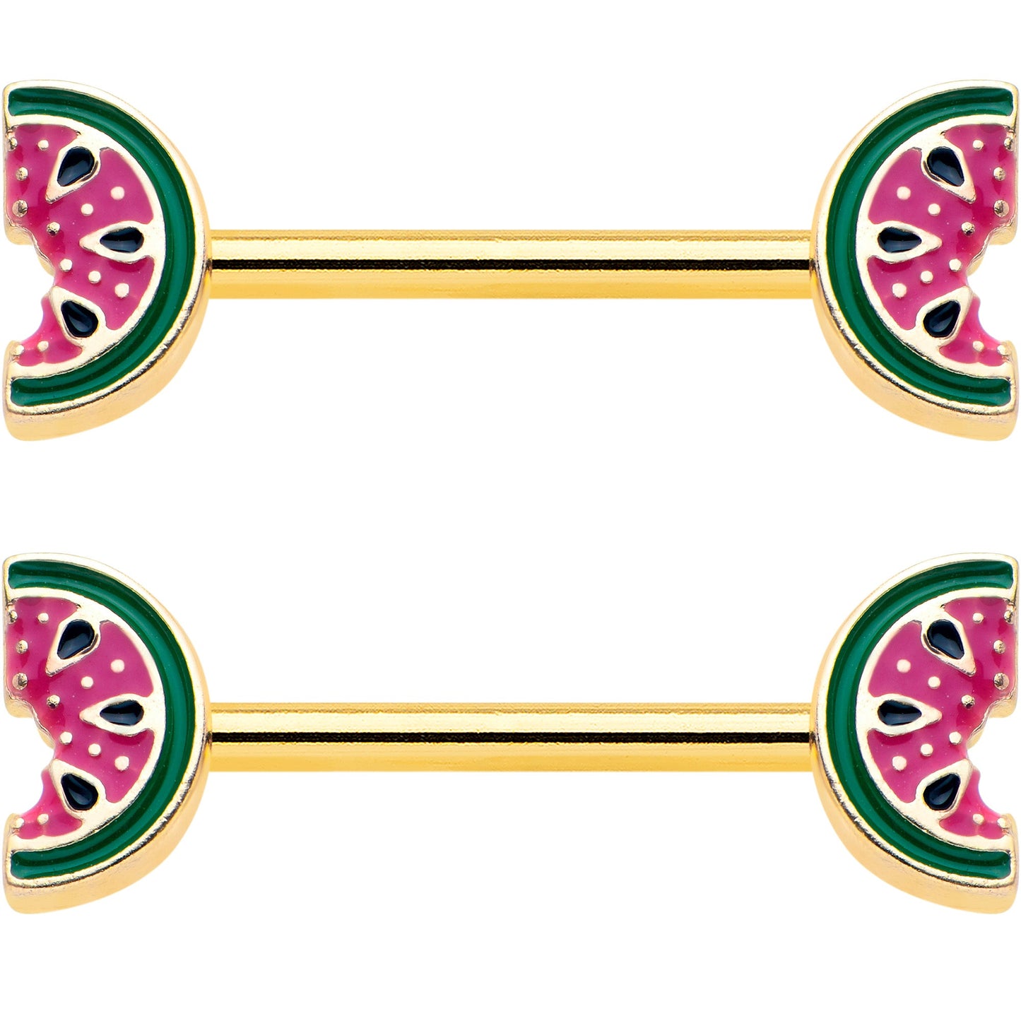 14G 9/16 Gold Tone Watermelon Bite Barbell Nipple Ring Set