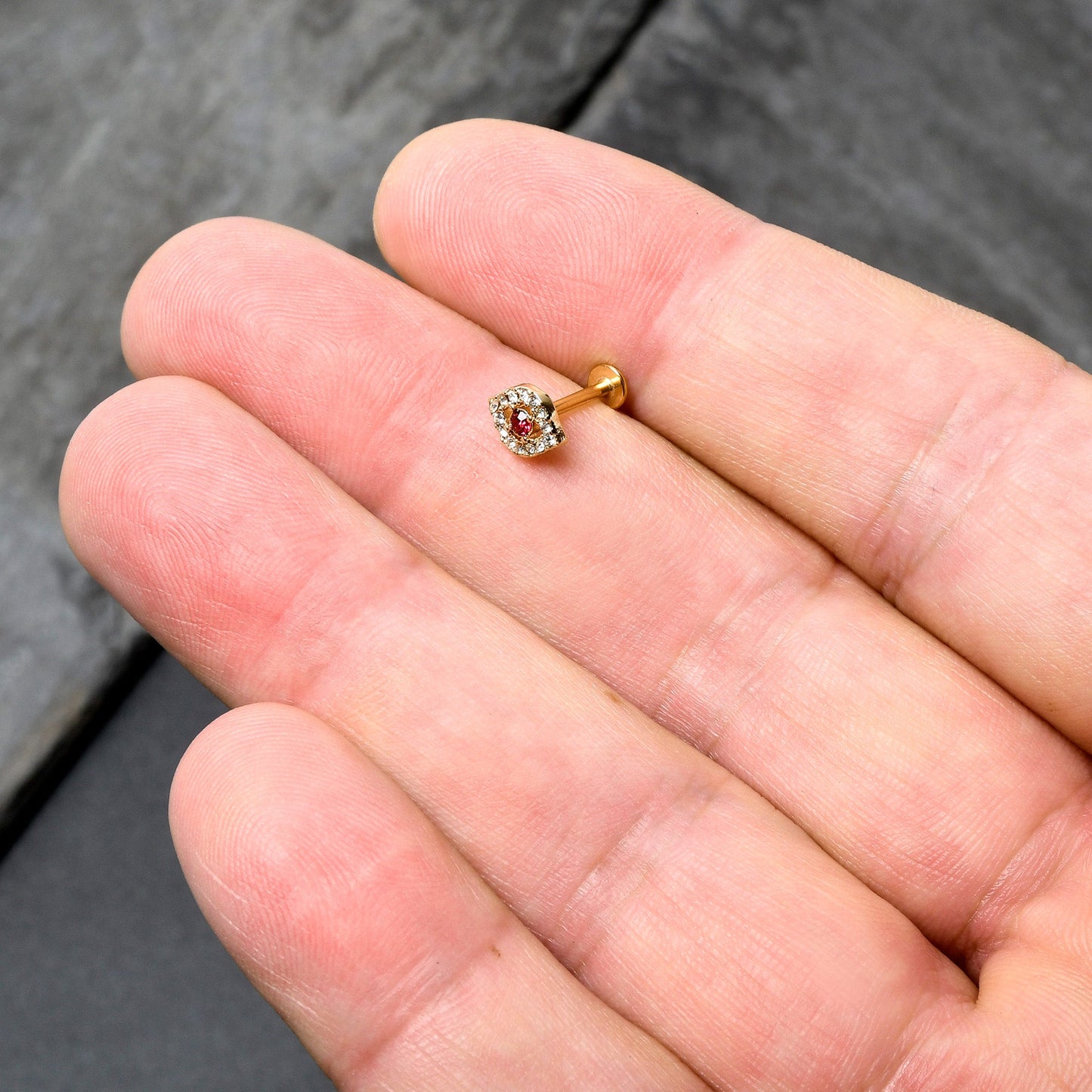 16G 5/16 Clear Pink Gem Gold Tone Open Eye Labret Monroe Tragus