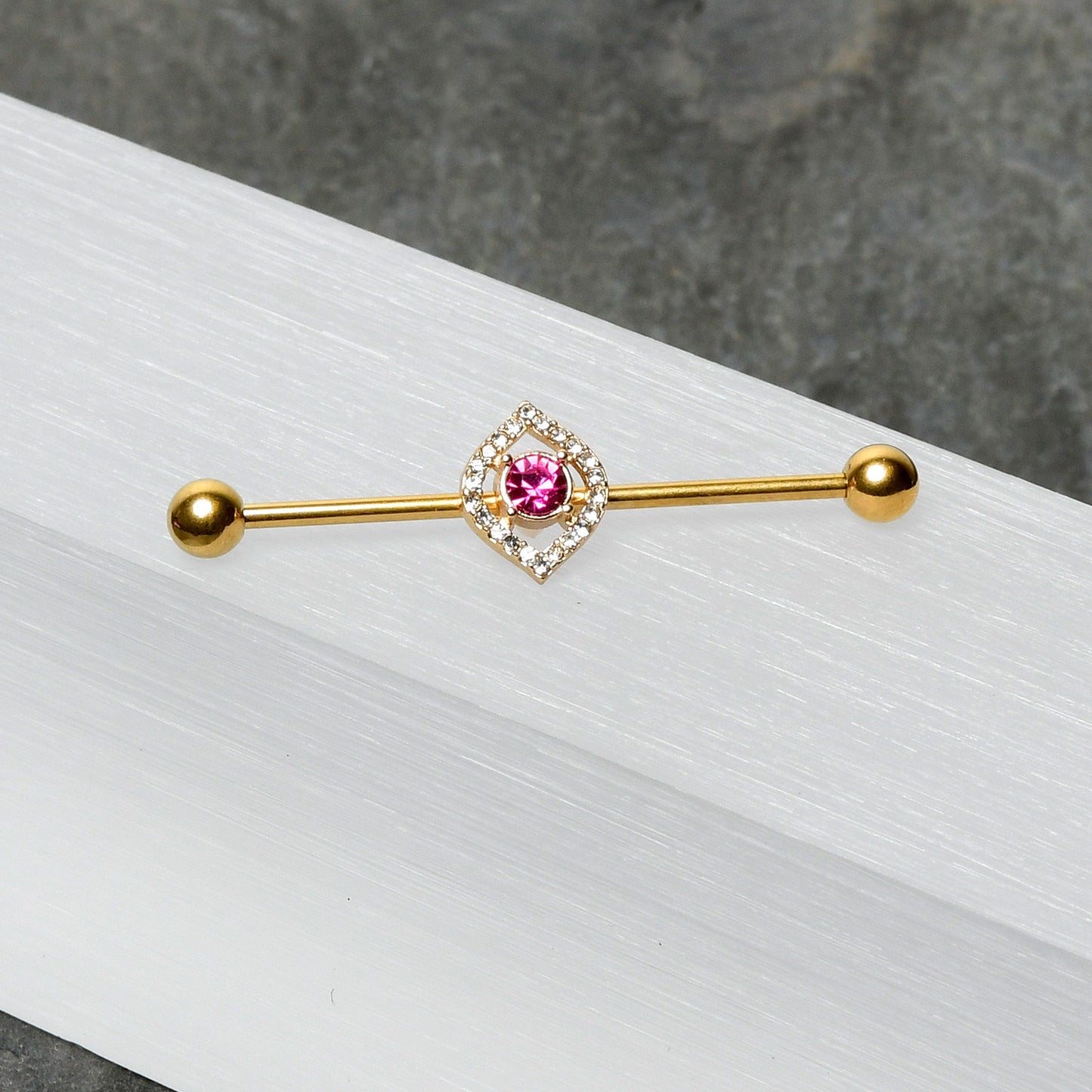 14G Clear Pink Gem Gold Tone Open Eye Industrial Barbell 38mm