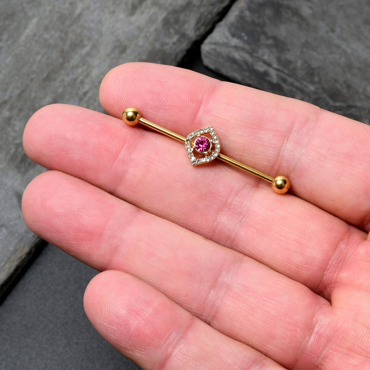 14G Clear Pink Gem Gold Tone Open Eye Industrial Barbell 38mm