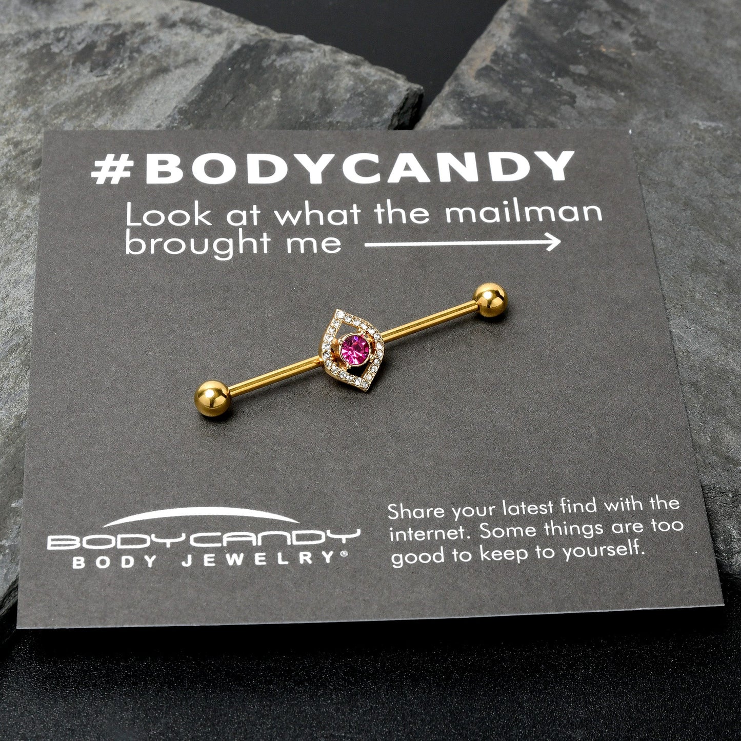 14G Clear Pink Gem Gold Tone Open Eye Industrial Barbell 38mm