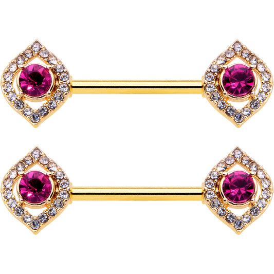 14G 9/16 Clear Pink Gem Gold Tone Open Eye Barbell Nipple Ring Set