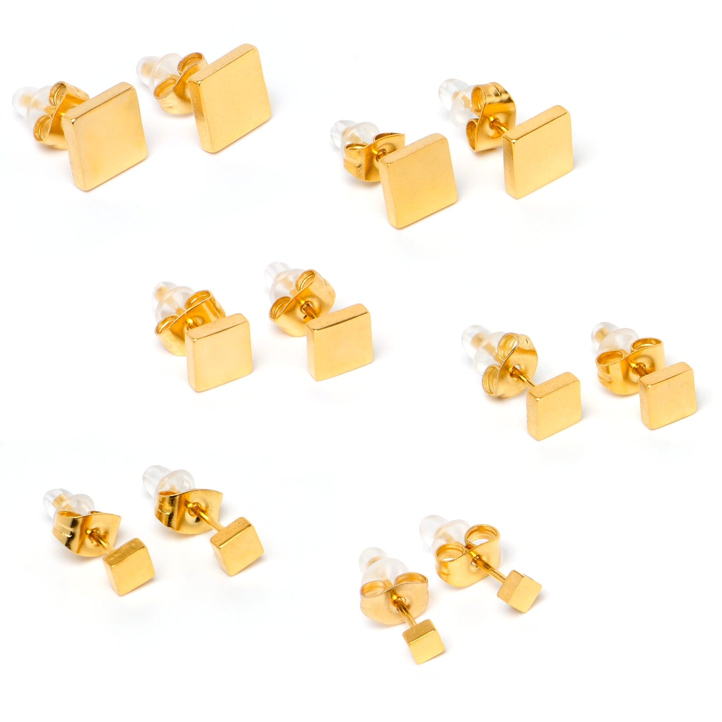 3mm-8mm Square Stud Gold Tone 316L Stainless Steel Earrings 6 Pack